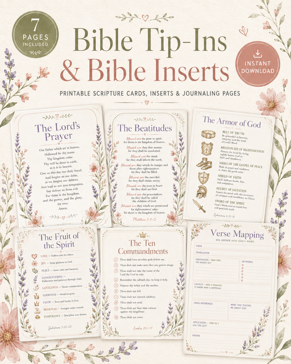 Bible Tip-In Cards Printable Bundle | Scripture Study Insert, Verse Mapping Page, Armor of God, Beatitudes, Lords Prayer