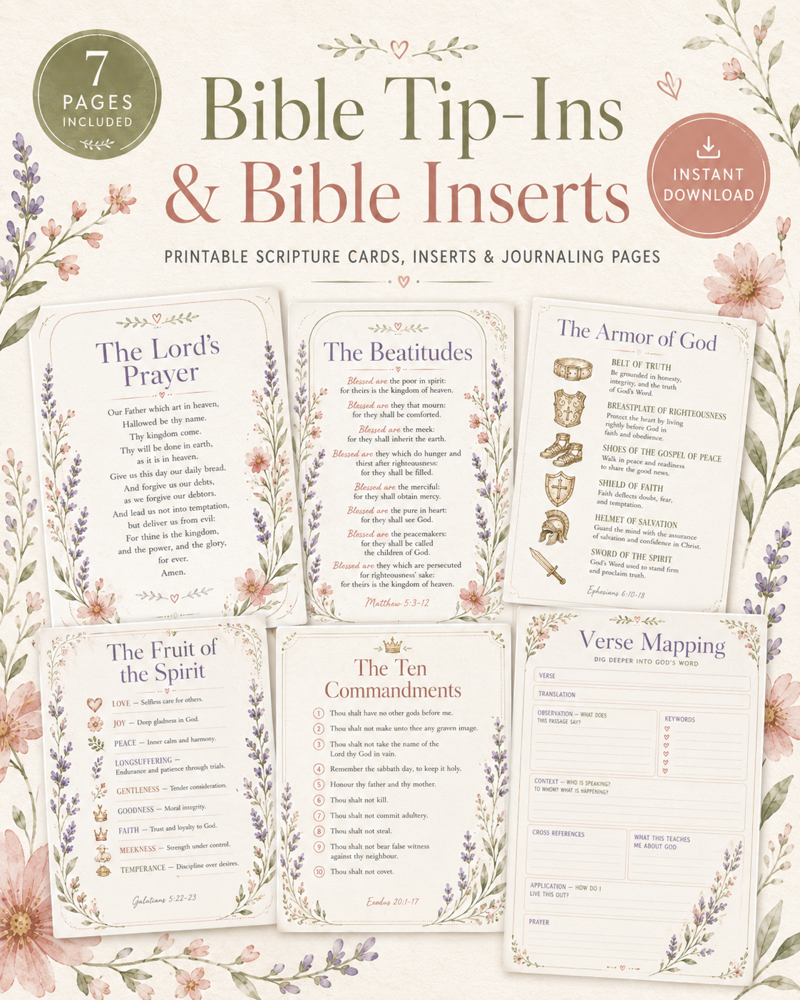 Bible Tip-In Cards Printable Bundle | Scripture Study Insert, Verse Mapping Page, Armor of God, Beatitudes, Lords Prayer