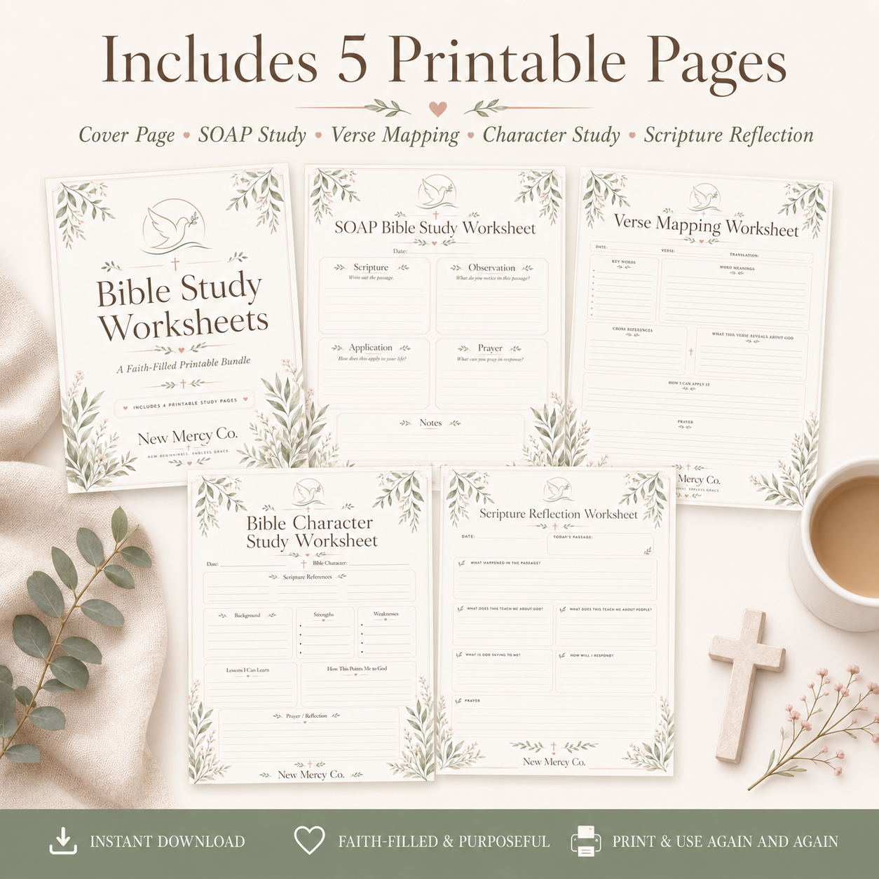 Bible Study Worksheets Printable Bundle | Faith-Based Digital Download