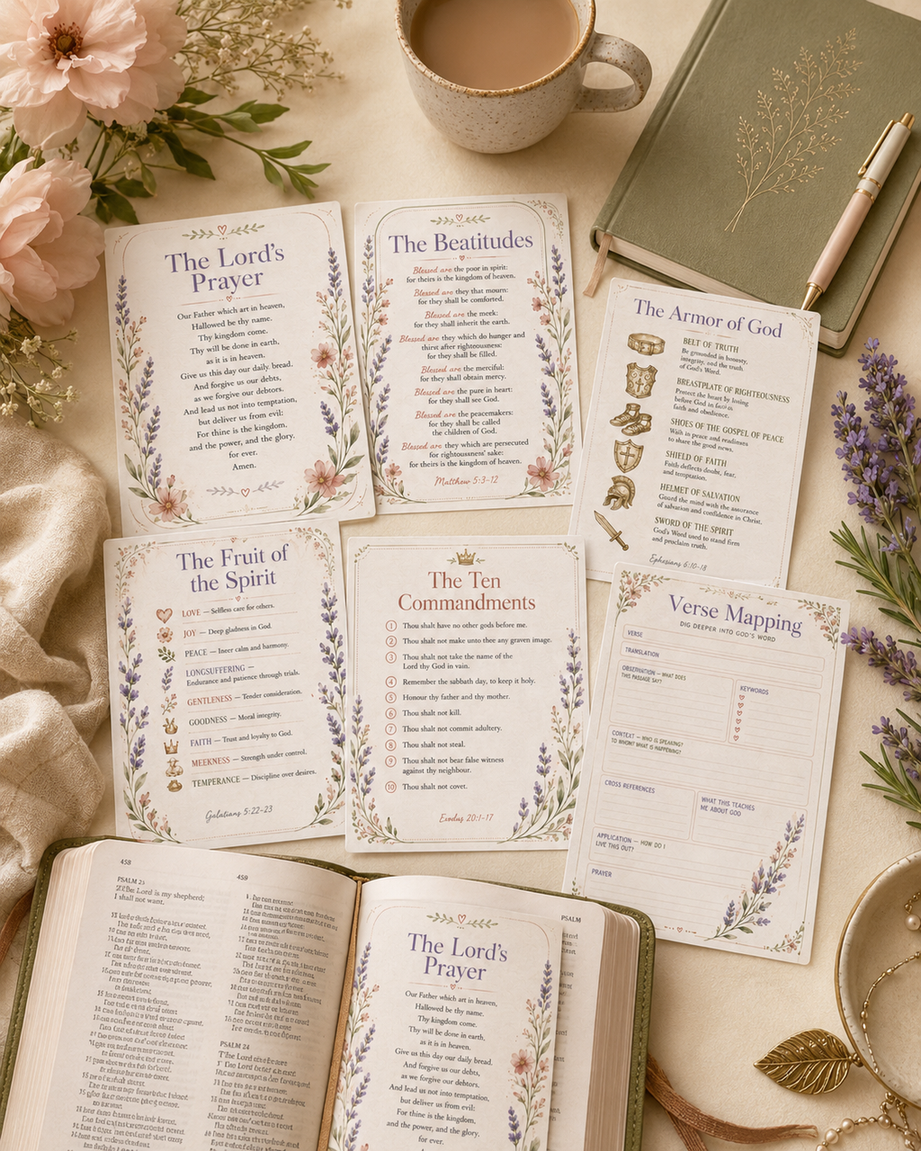 Bible Tip-In Cards Printable Bundle | Scripture Study Insert, Verse Mapping Page, Armor of God, Beatitudes, Lords Prayer