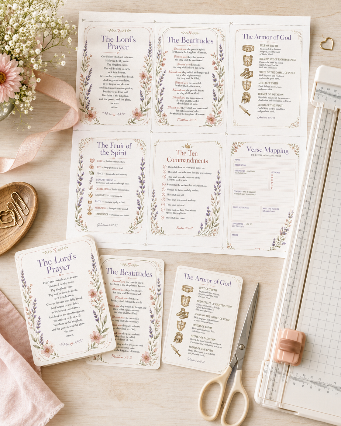 Bible Tip-In Cards Printable Bundle | Scripture Study Insert, Verse Mapping Page, Armor of God, Beatitudes, Lords Prayer