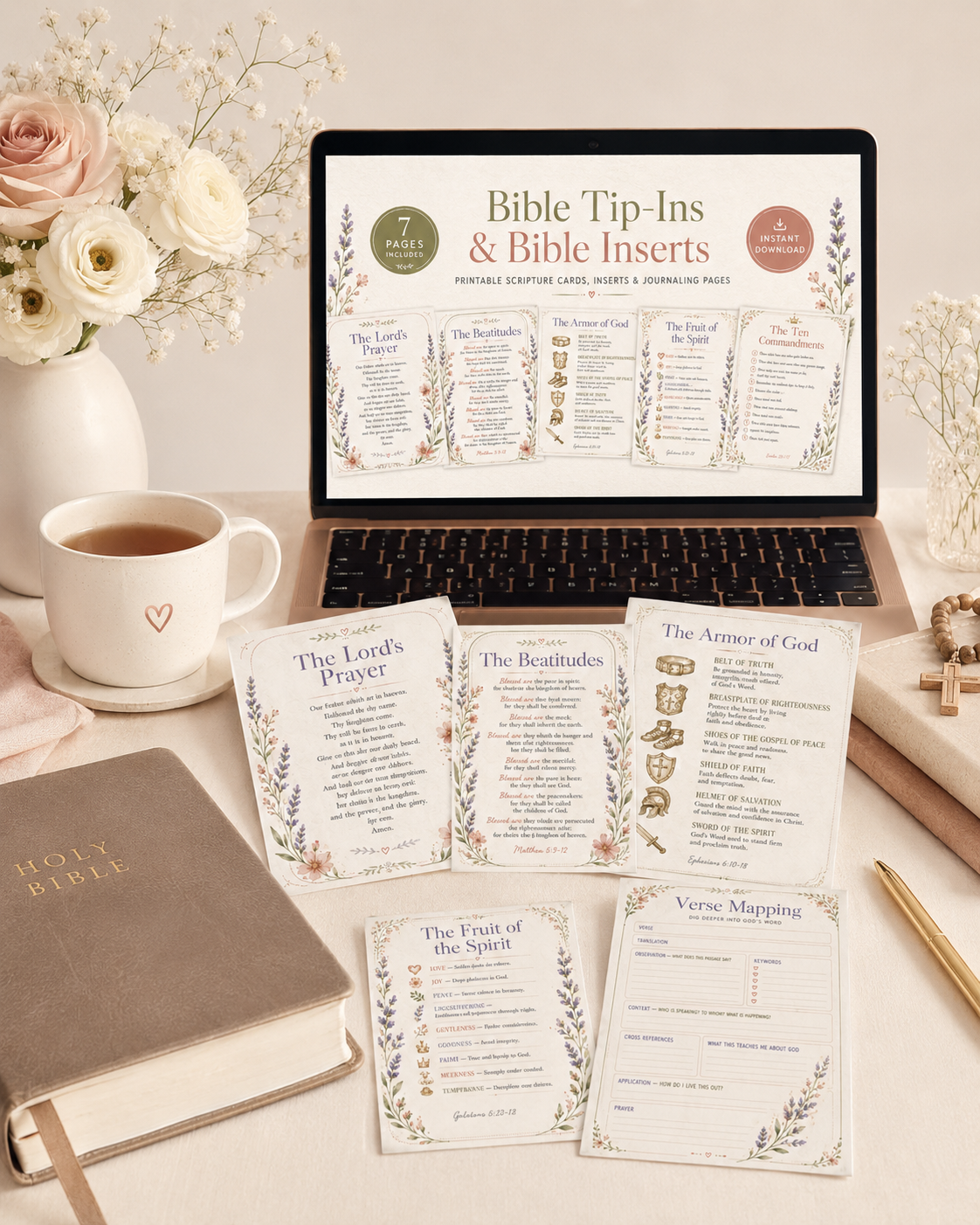 Bible Tip-In Cards Printable Bundle | Scripture Study Insert, Verse Mapping Page, Armor of God, Beatitudes, Lords Prayer