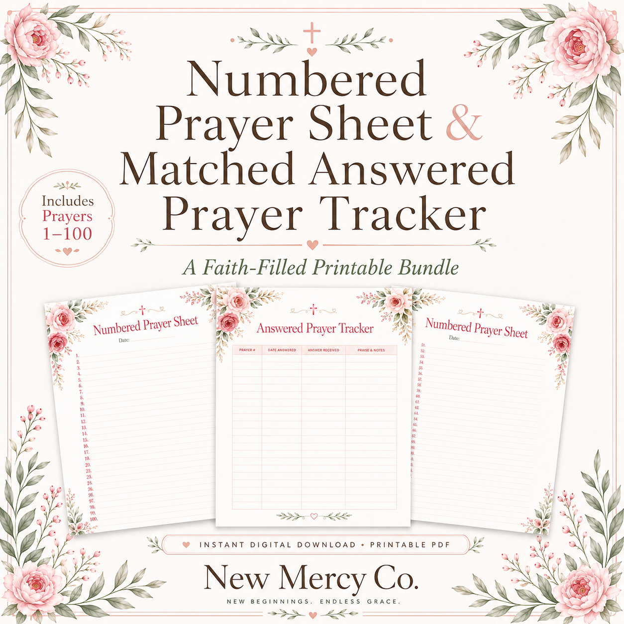 Numbered Prayer Sheets & Answered Prayer Tracker Printable | Prayer # 1-100 Digital Download
