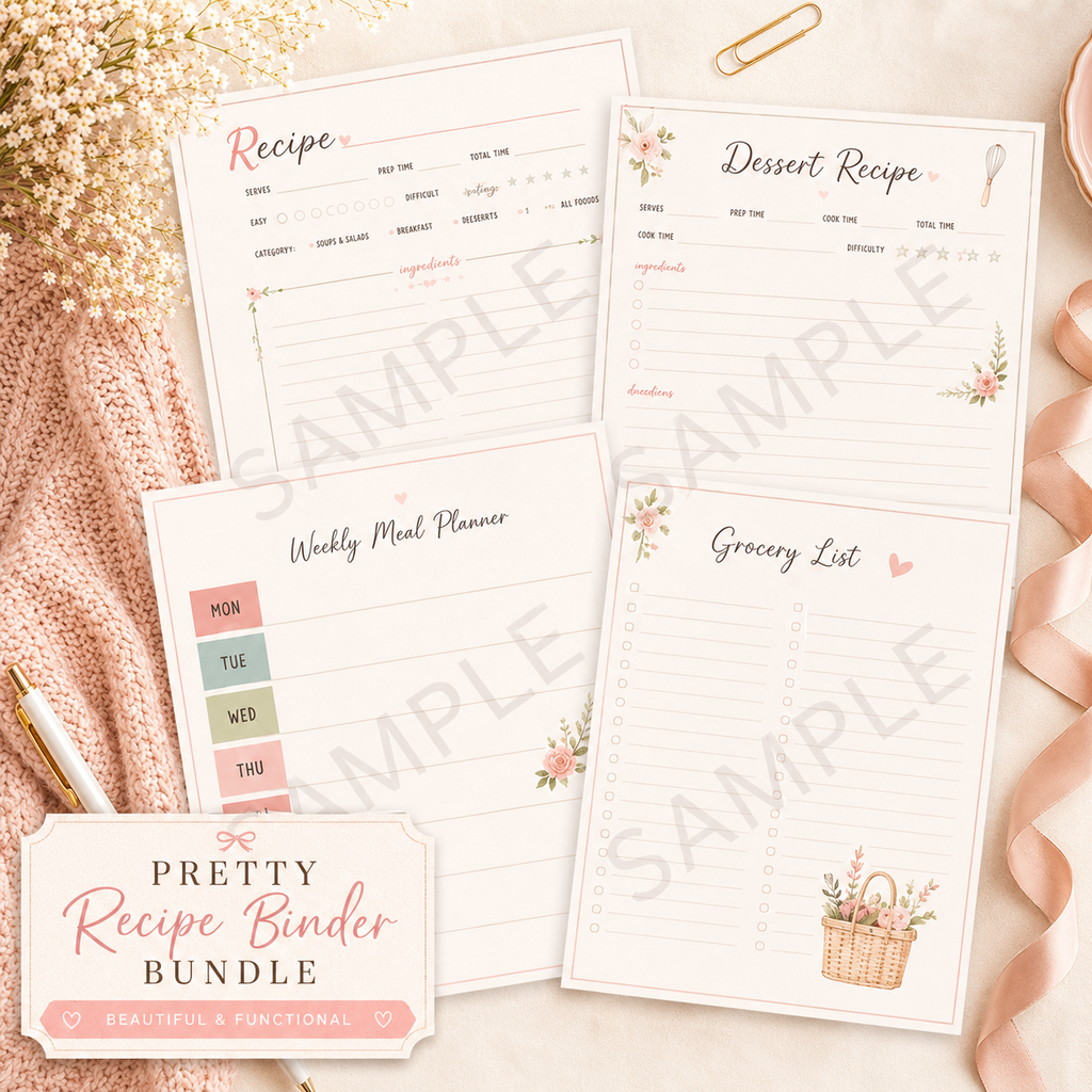 Pretty Recipe Binder Printable Bundle for Meal Planning & Kitchen Organization