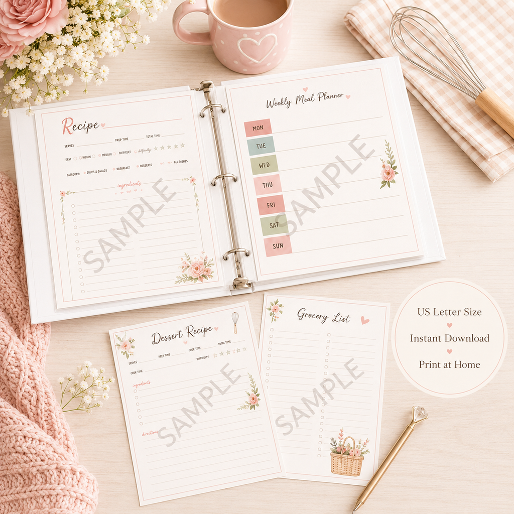 Pretty Recipe Binder Printable Bundle for Meal Planning & Kitchen Organization