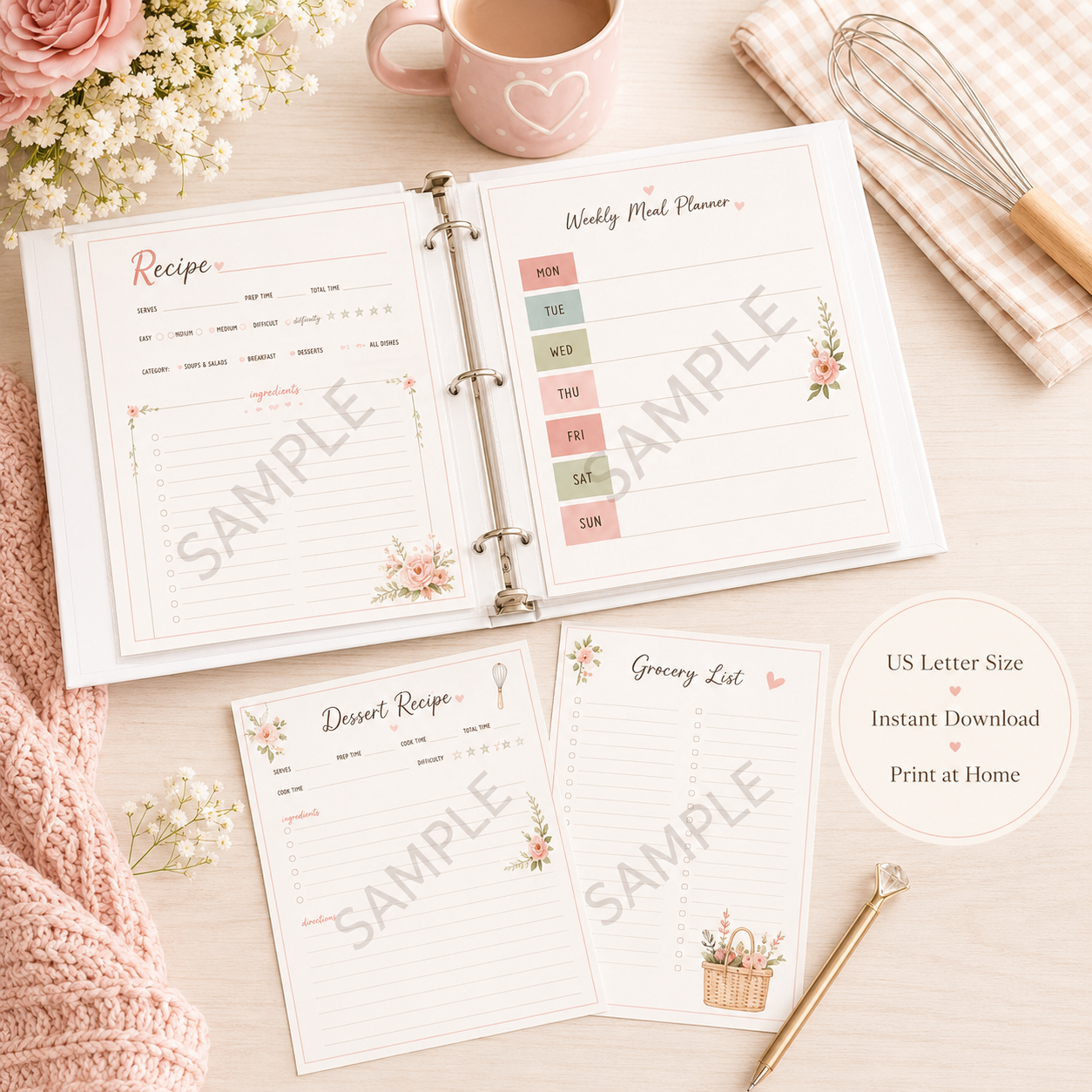 Pretty Recipe Binder Printable Bundle for Meal Planning & Kitchen Organization