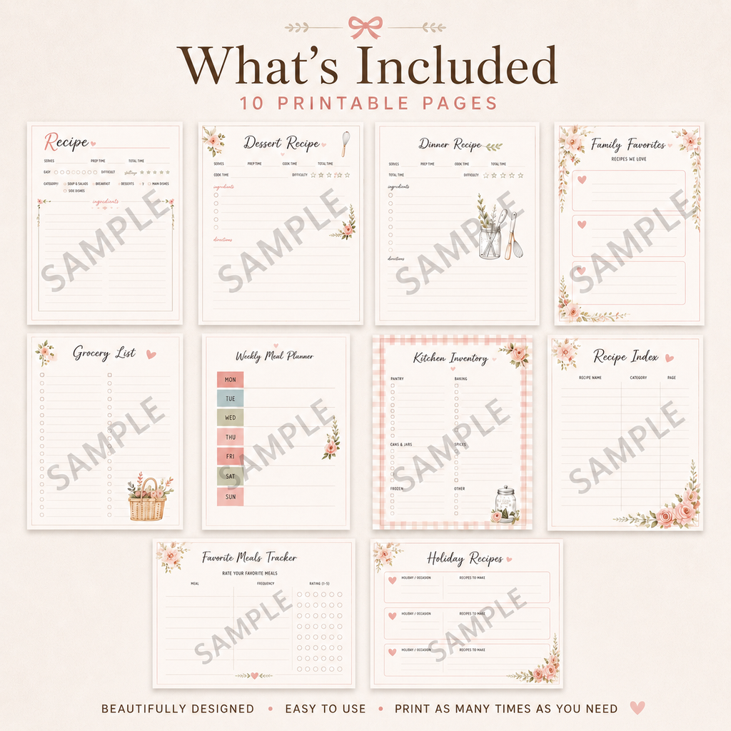 Pretty Recipe Binder Printable Bundle for Meal Planning & Kitchen Organization