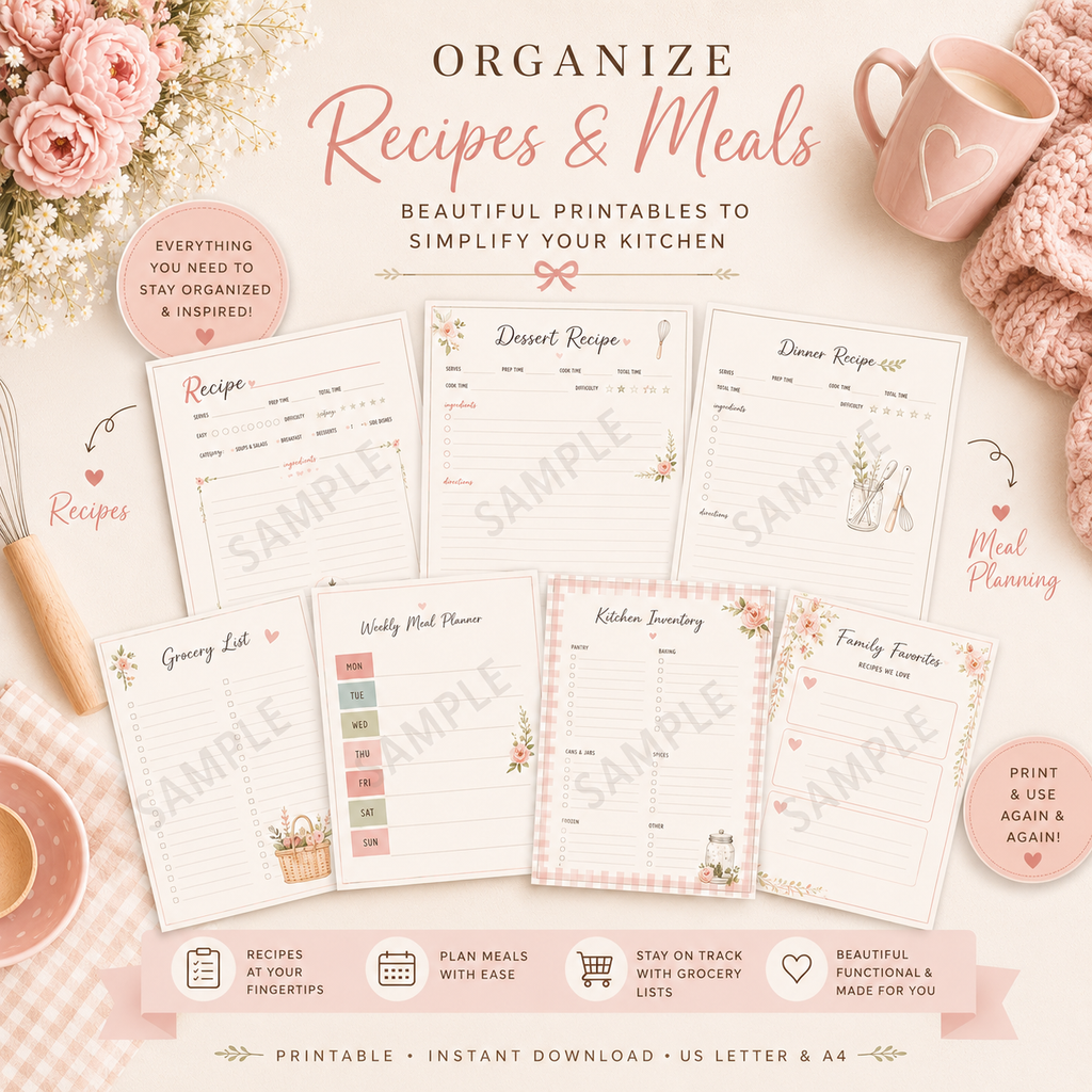 Pretty Recipe Binder Printable Bundle for Meal Planning & Kitchen Organization