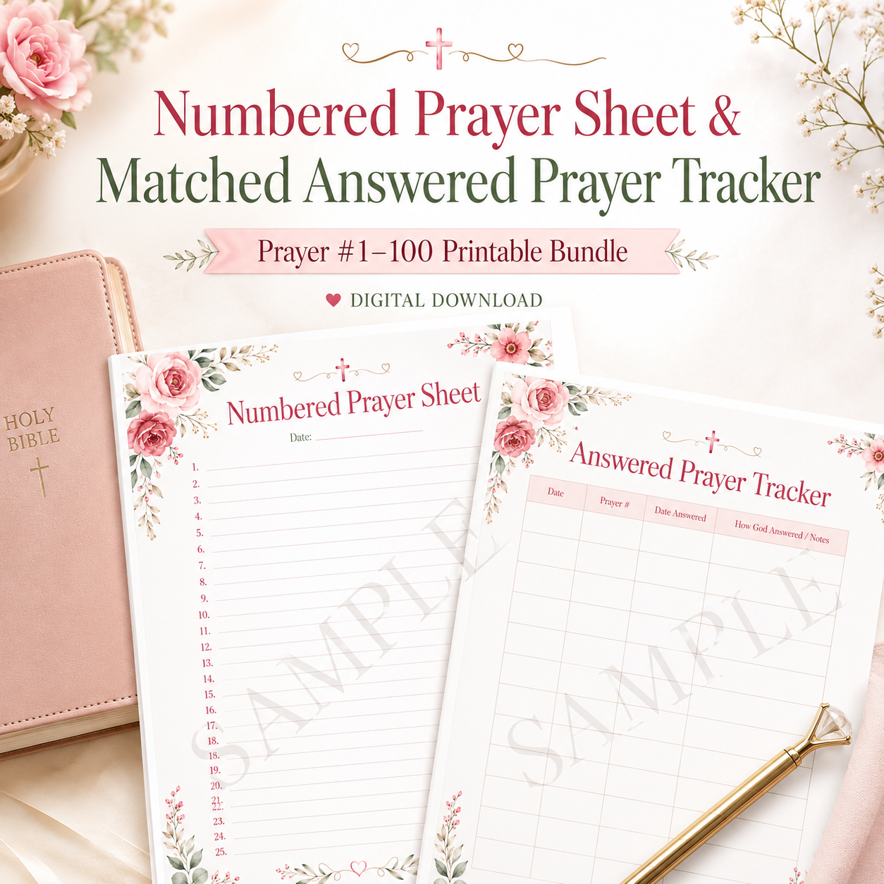Numbered Prayer Sheets & Answered Prayer Tracker Printable | Prayer # 1-100 Digital Download