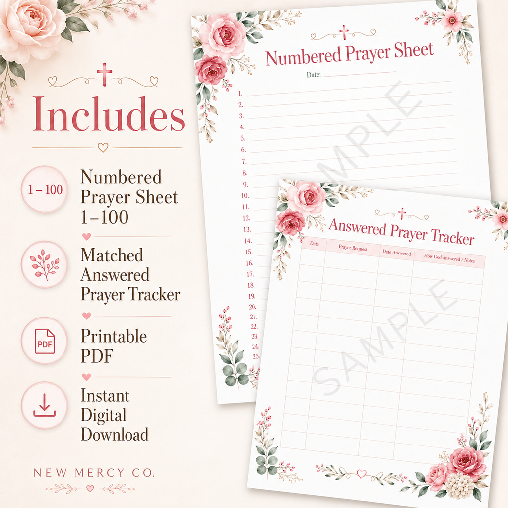Numbered Prayer Sheets & Answered Prayer Tracker Printable | Prayer # 1-100 Digital Download