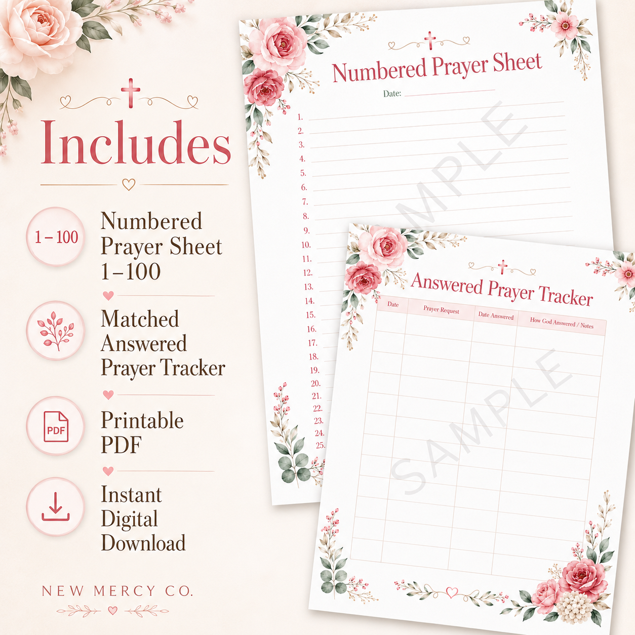 Numbered Prayer Sheets & Answered Prayer Tracker Printable | Prayer # 1-100 Digital Download